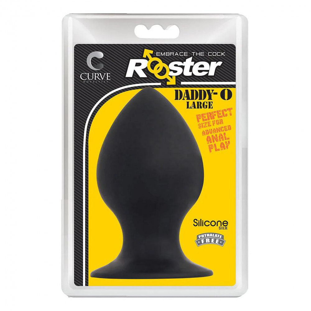 Large retail packaging showing the black silicone butt plug and suction cup base in a clear blister pack.