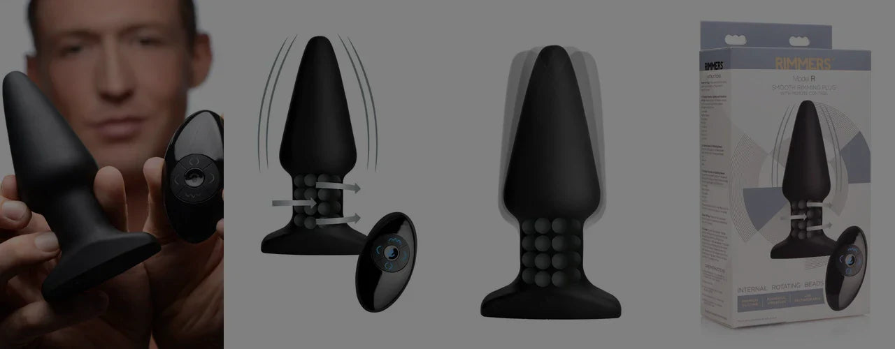 Rimmers Model-R blog banner — panels left to right: man holding the plug and remote, front view with rotating-beads section, rimming-beads diagram with remote, retail packaging — darkened 50% for title readability.