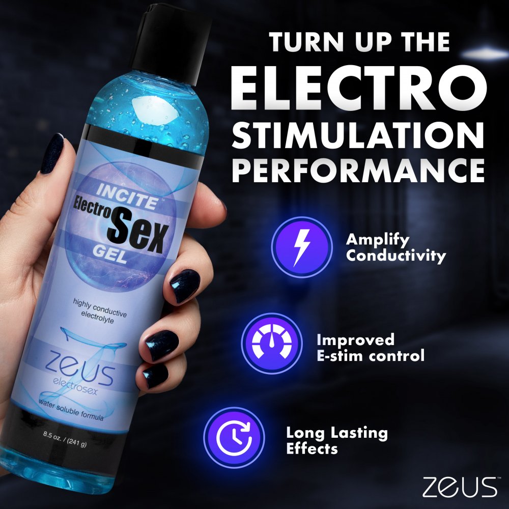 8.5 oz bottle of conductive electrosex gel showing the blue electrolyte formula by Butt Plug Lovers