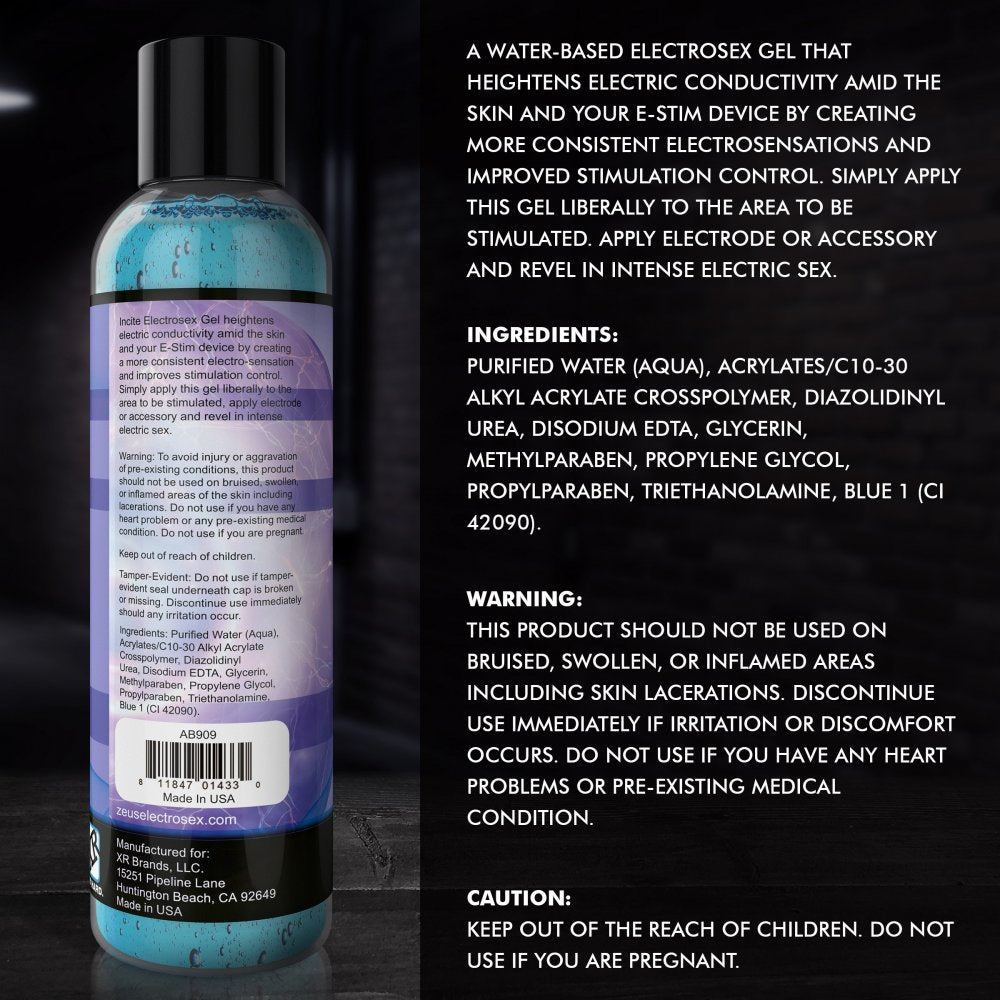 Detailed back label of the water-based stimulation gel showing medical warnings and ingredients