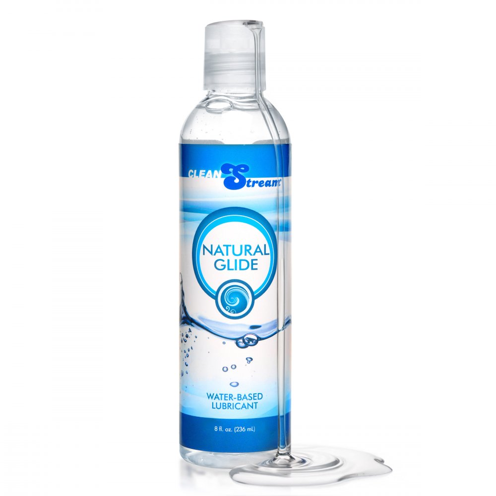 Front display of the 8 ounce bottle of water based anal lubricant showing the clear thick formula by Butt Plug Lovers