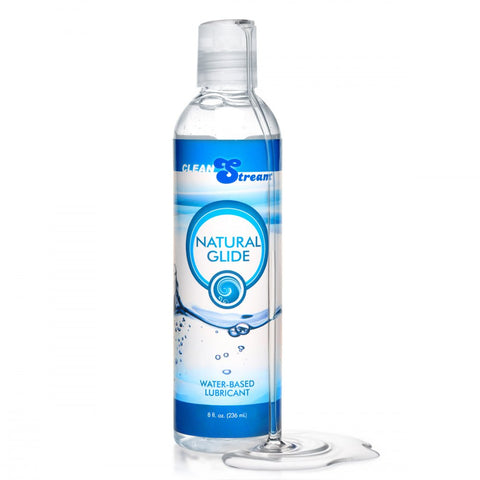 Front display of the 8 ounce bottle of water based anal lubricant showing the clear thick formula by Butt Plug Lovers