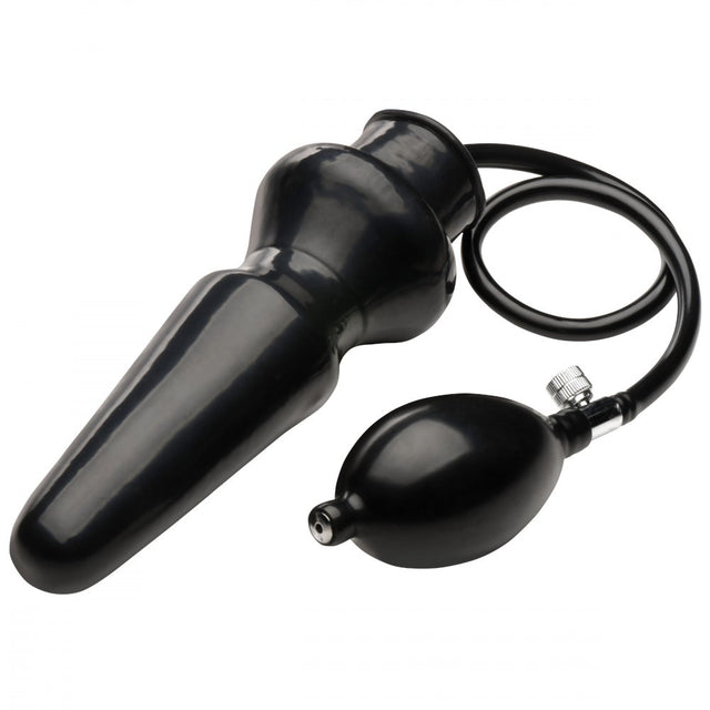 Extreme Inflatable Butt Plug With Hand Pump shown deflated with a long smooth body, tube, release valve, and textured bulb.