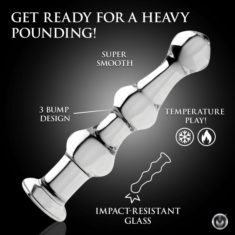 Feature infographic showing the three-bump glass anal beads, smooth surface, flared base, and temperature-play symbols.
