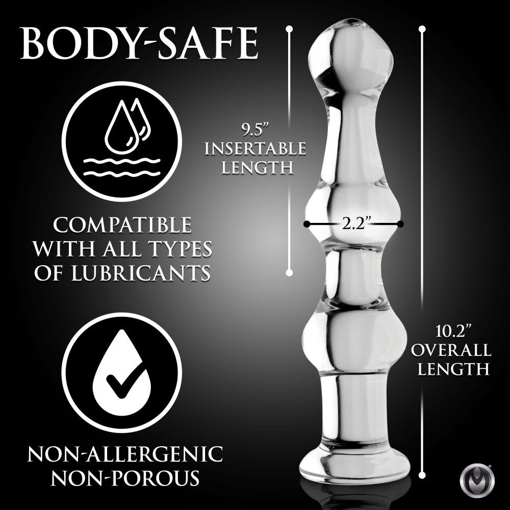 Dimension infographic for the glass anal beads showing insertable and overall length, maximum width, and lubricant compatibility.