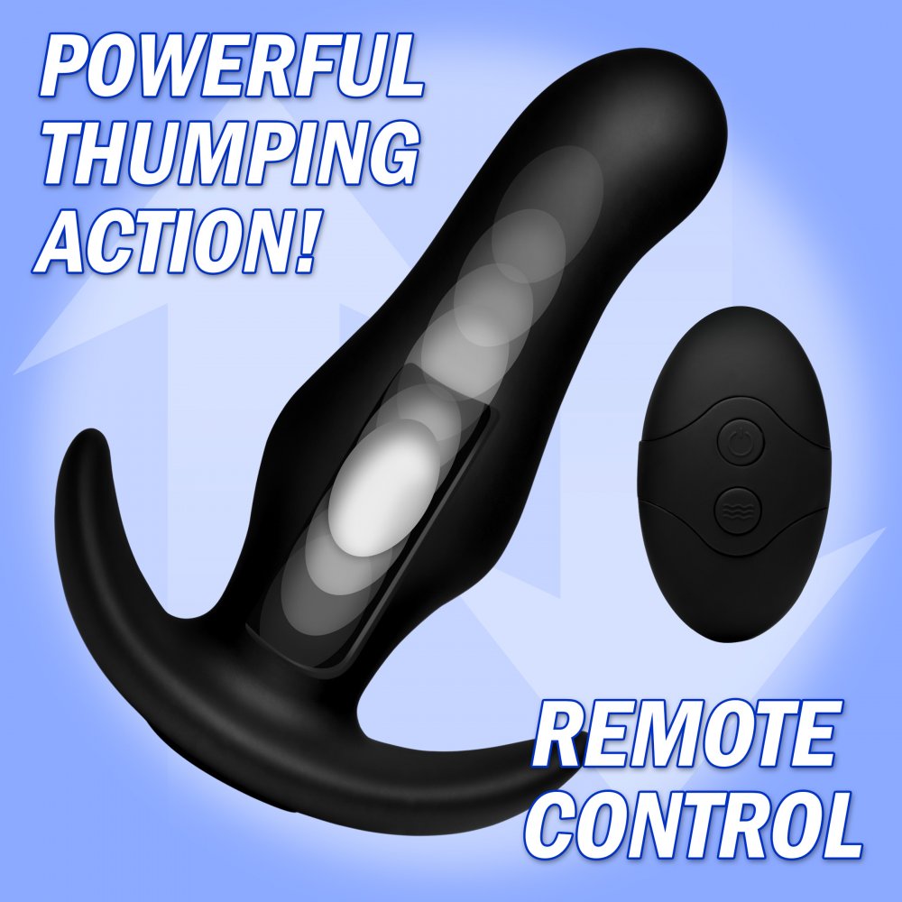 Black curved plug with oval remote beside “Powerful Thumping Action” and “Remote Control” text.