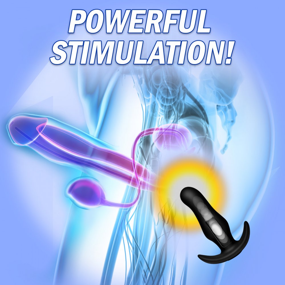 Infographic of the black prostate massager beside an anatomical pelvis graphic and “Powerful Stimulation” text.