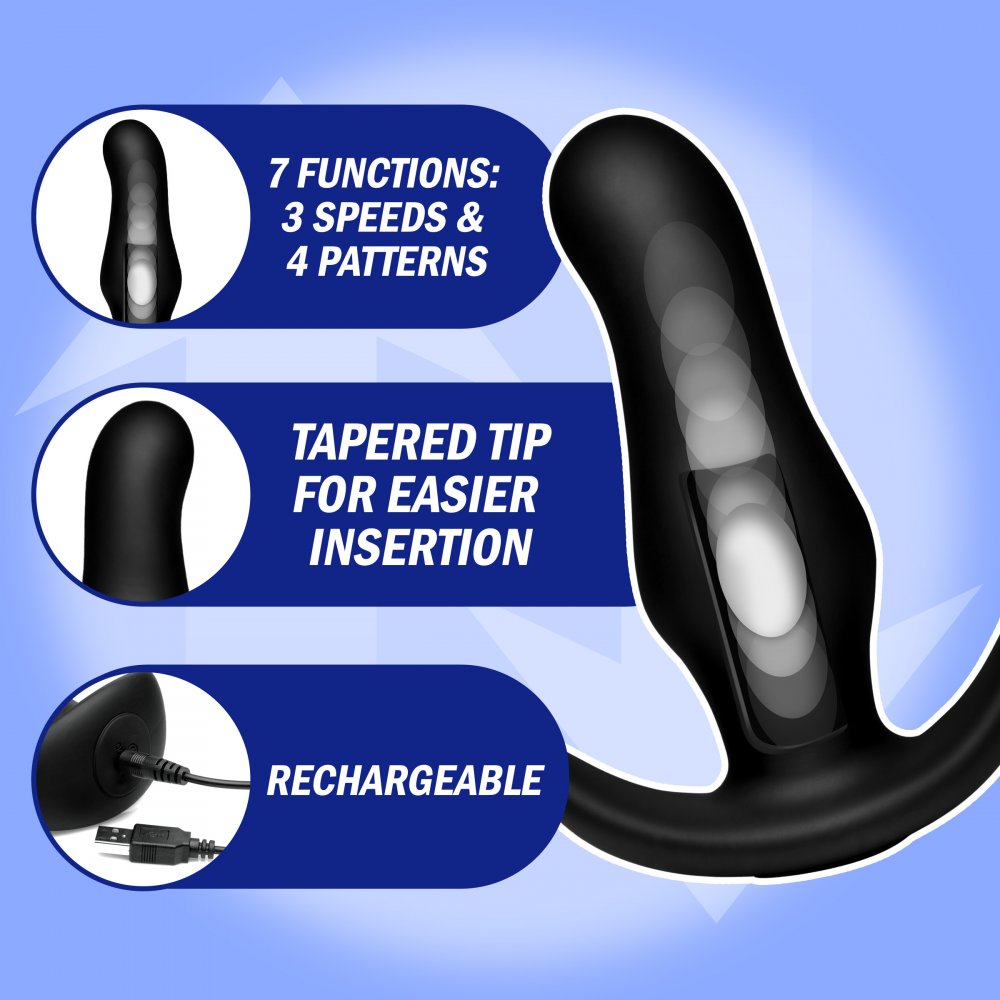 Feature graphic for the black silicone plug with 7 functions, tapered tip, and rechargeable USB details.