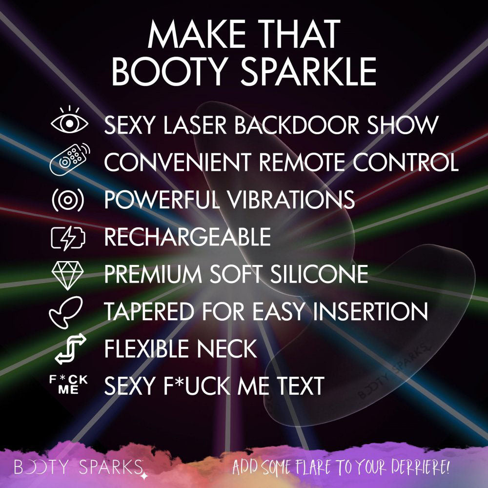 Feature infographic for the silicone laser butt plug listing remote control, vibrations, rechargeable design, tapered shape, flexible neck, and Fuck Me text