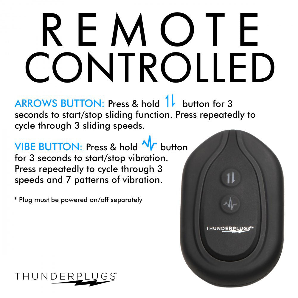 Remote control instruction graphic showing the two-button remote for sliding and vibration settings.