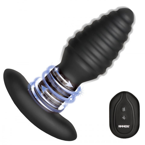 Black Ribbed Vibrating Rimming Butt Plug With Remote angled beside its controller, with arrows marking the rotating bead section near the neck.