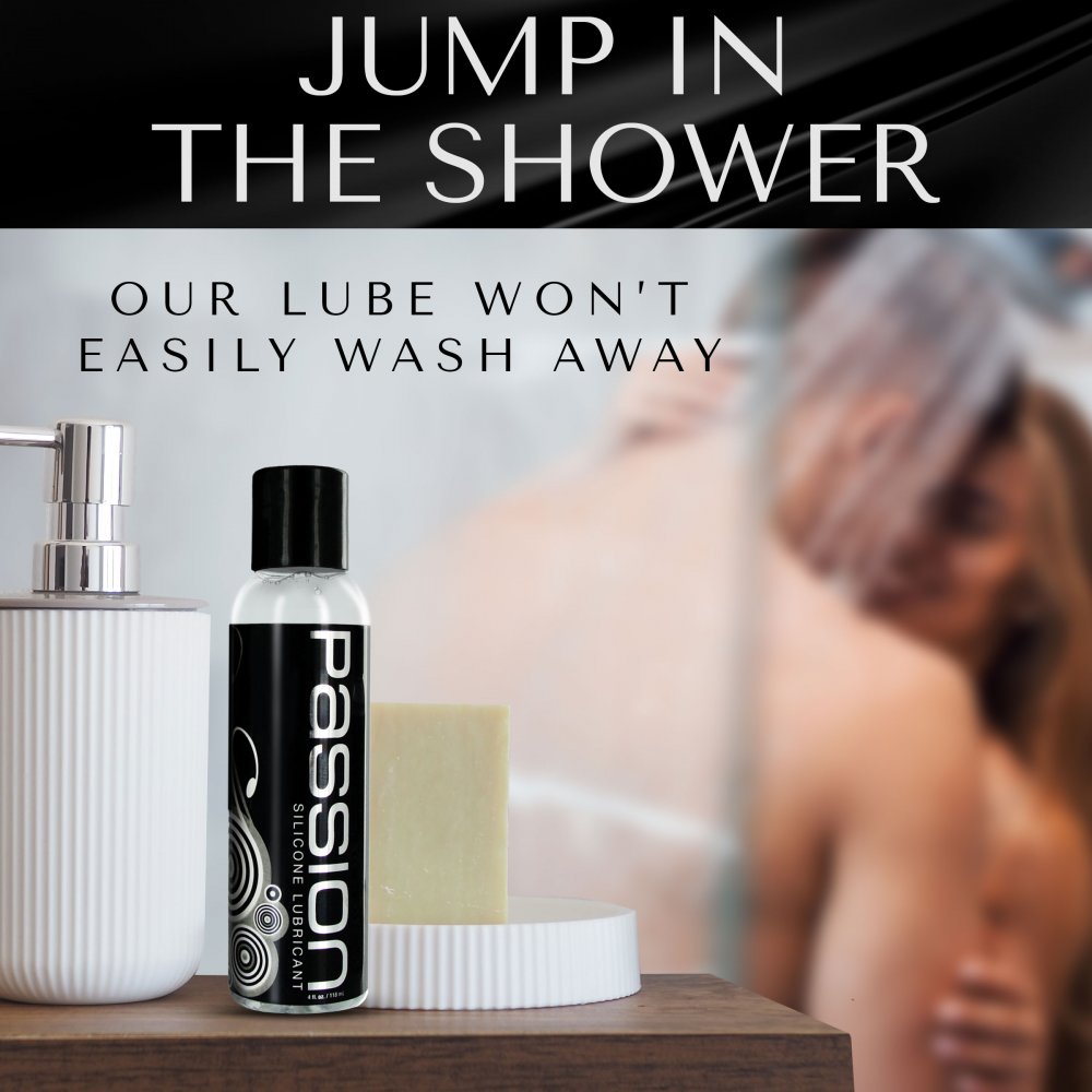 Couple in the shower demonstrating the waterproof lube that won't easily wash away