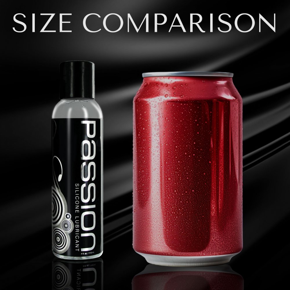 Size comparison of the 4 oz heavy-duty anal lube bottle next to a standard red soda can