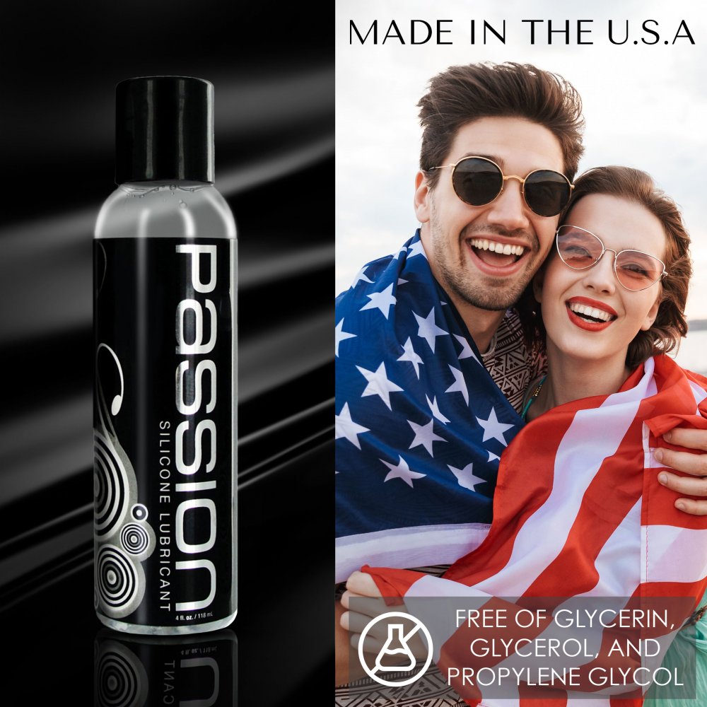 Smiling couple wrapped in an American flag promoting the glycerin-free silicone formula made in the USA by Butt Plug Lovers