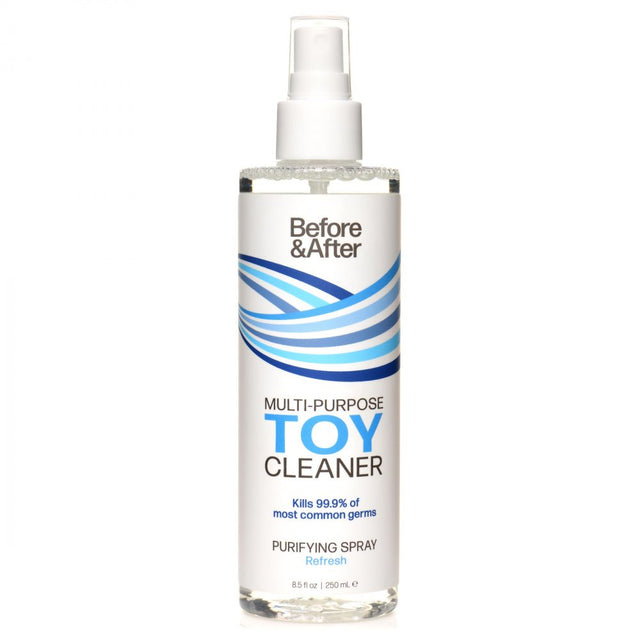 Clear 8.5 oz bottle of antibacterial sex toy cleaner spray isolated on a white background by Butt Plug Lovers
