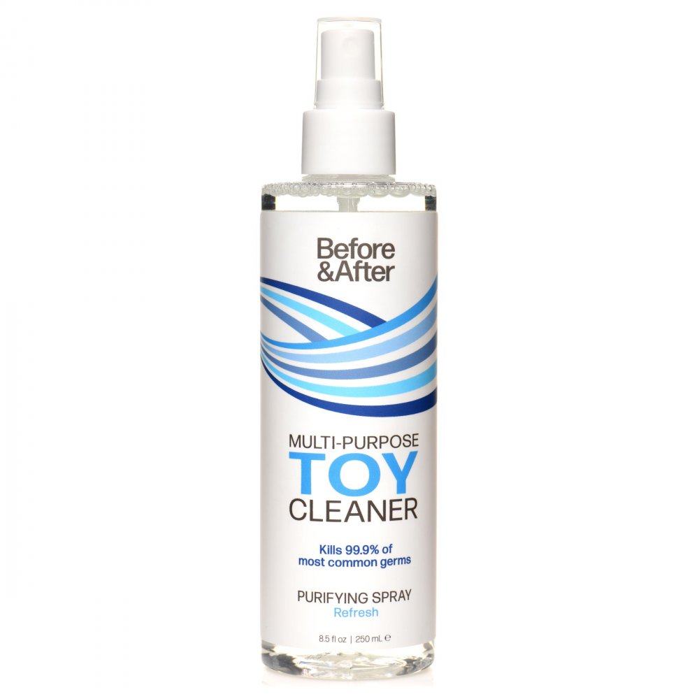 Clear 8.5 oz bottle of antibacterial sex toy cleaner spray isolated on a white background by Butt Plug Lovers