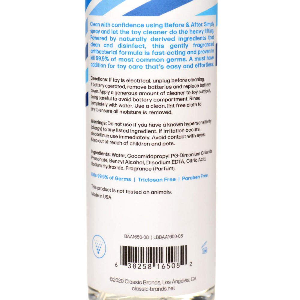 Detailed back label of the soap-free adult toy cleaner showing body-safe ingredients and care instructions by Butt Plug Lovers