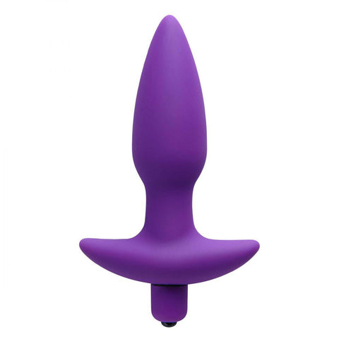 Purple tapered wearable vibrating silicone butt plug with slim neck, flared base, and bottom button