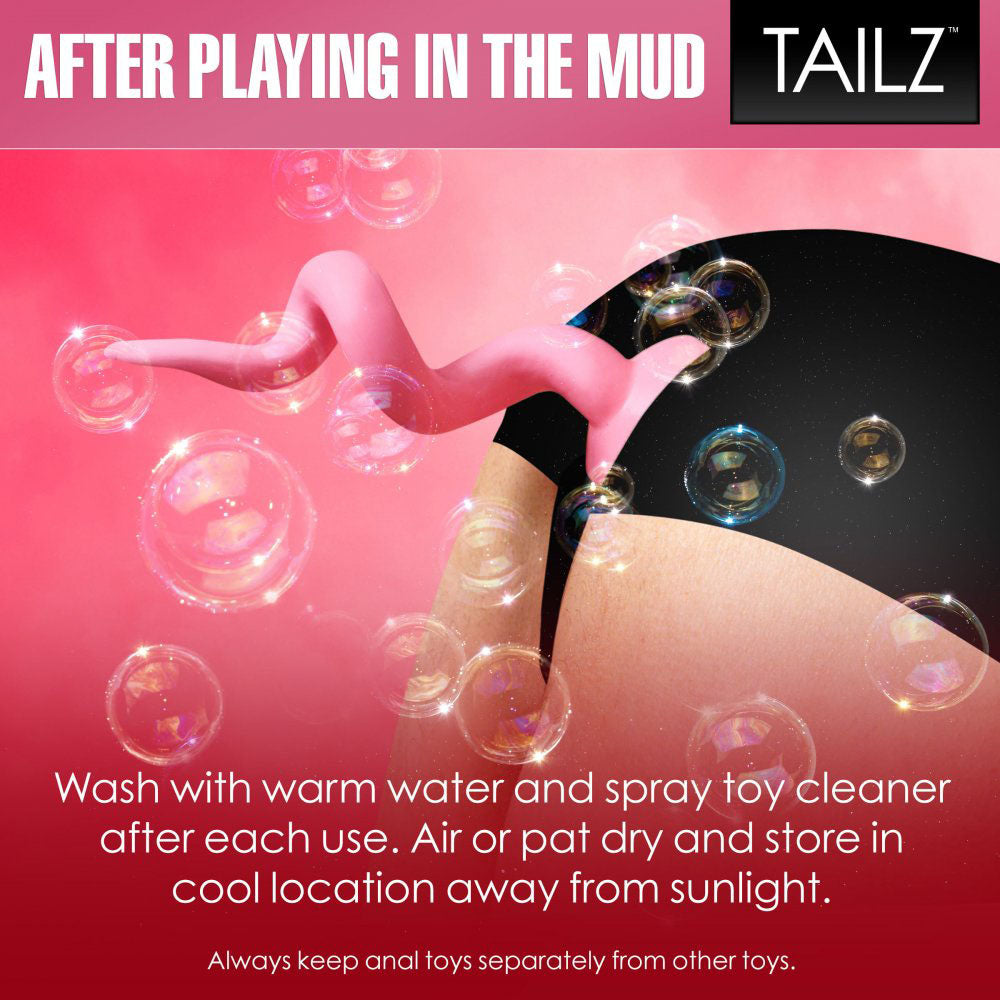 Care graphic for the pink pig tail anal plug with warm water and toy cleaner instructions