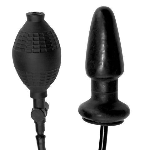 Heavy-Duty Inflatable Butt Plug With Hand Pump shown deflated with a tapered body, flared base, hose, and bulb.
