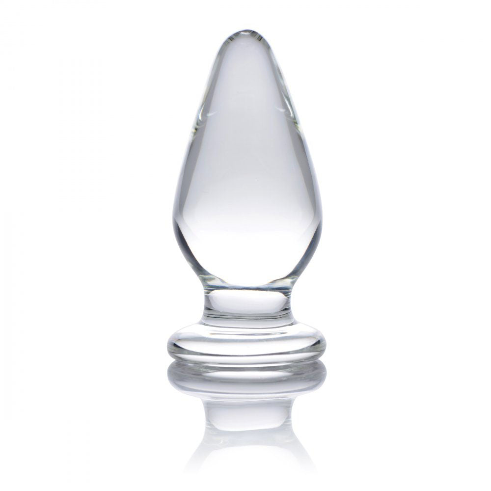 Upright clear butt plug with tapered teardrop body and flared base.