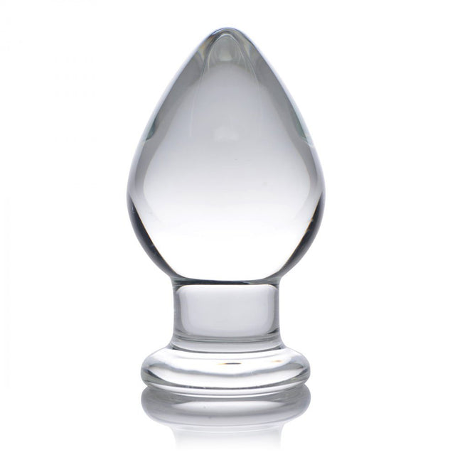Upright clear glass butt plug with a rounded tapered tip, narrow neck, and wide flared base.