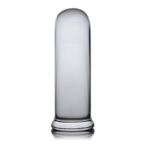 Large Cylinder Weighted Glass Butt Plug standing upright with rounded tip and flared base.
