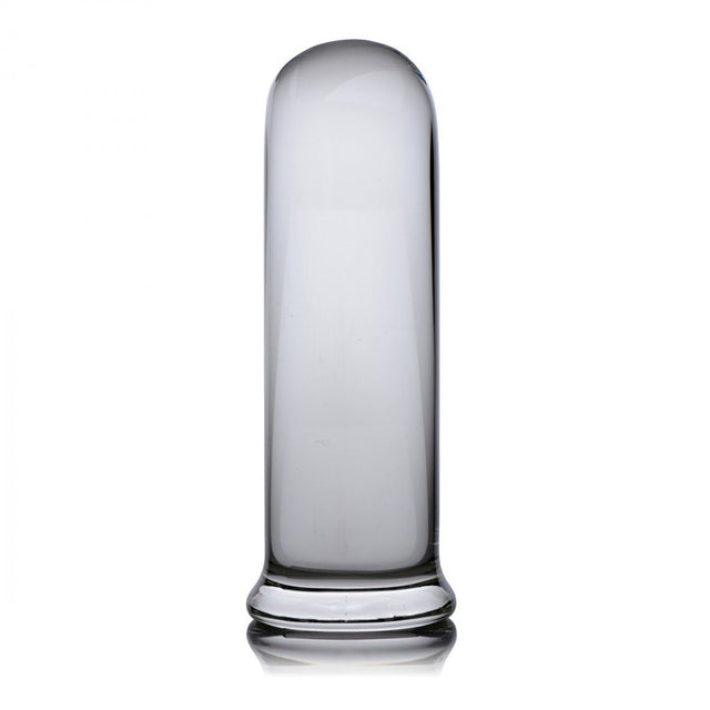 Large Cylinder Weighted Glass Butt Plug standing upright with rounded tip and flared base.