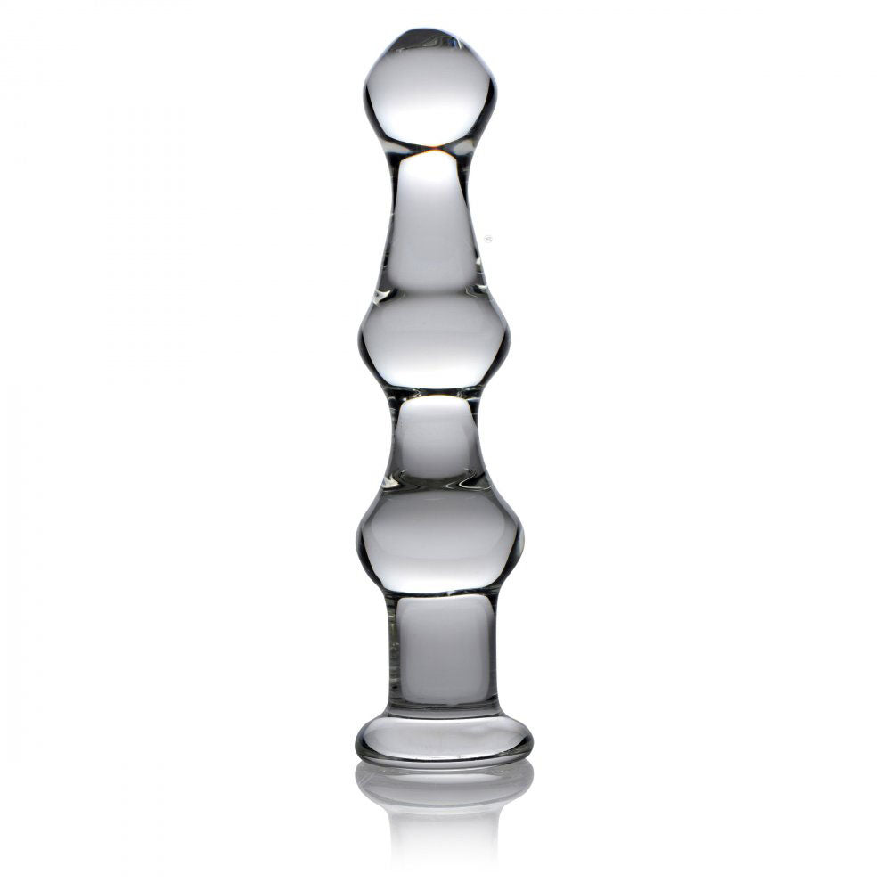 Clear glass anal beads with three rounded bulbs and a flared base