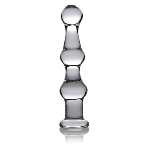 Upright triple bulb glass anal beads with three rounded swells, narrow necks, and a wide flared base.