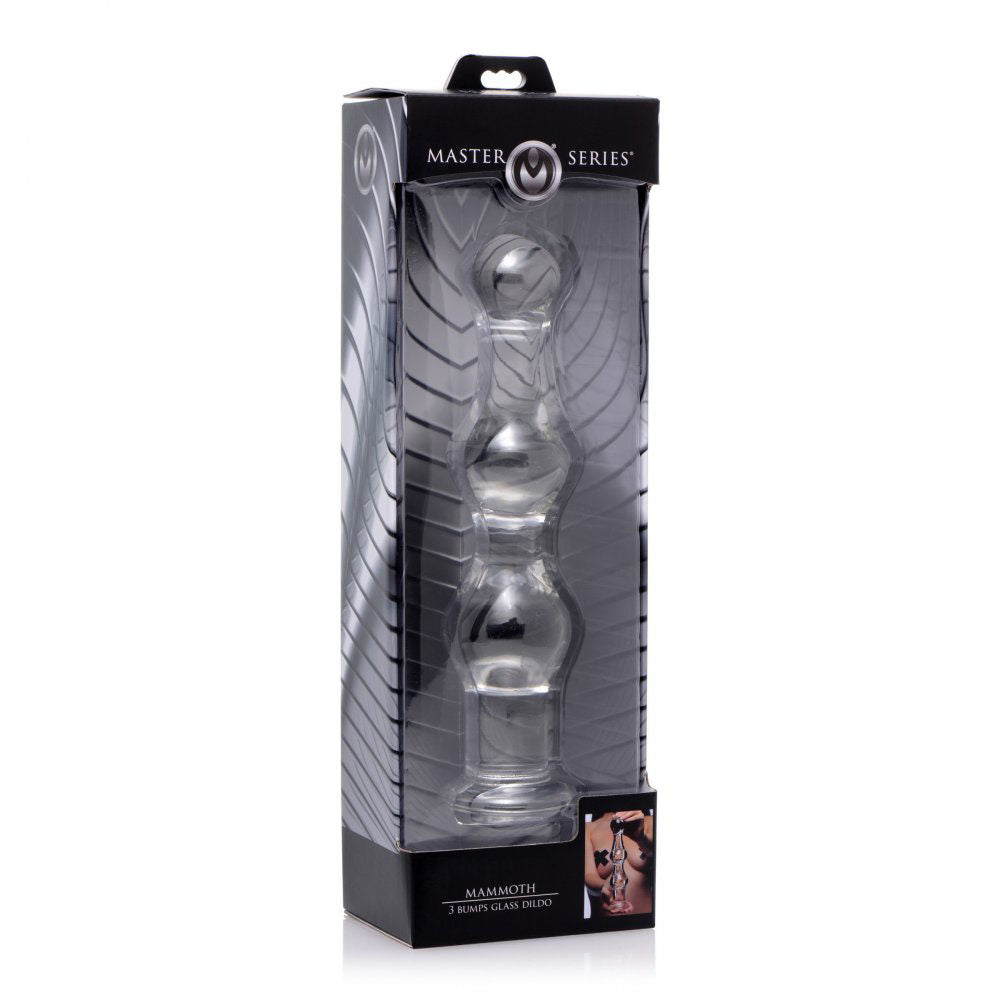 Retail box for the Triple Bulb Glass Anal Beads with the clear three-bulb glass toy visible inside.