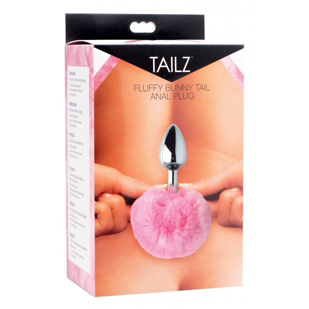 Retail box for the Pink Bunny Tail Metal Butt Plug with artwork of a silver-toned plug and round pink tail.