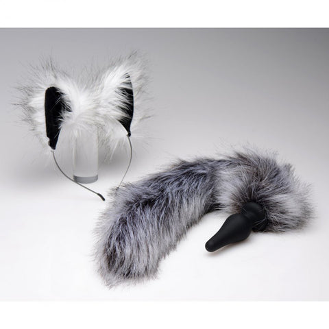 Complete grey wolf tail butt plug and ears set laid out on a white background by Butt Plug Lovers