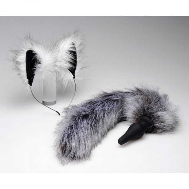 Complete grey wolf tail butt plug and ears set laid out on a white background by Butt Plug Lovers