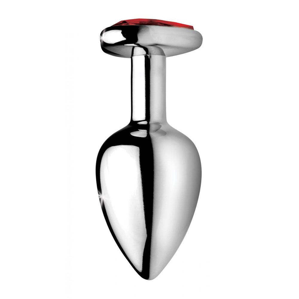 Upright polished metal plug with tapered body, slim neck, and red gem base