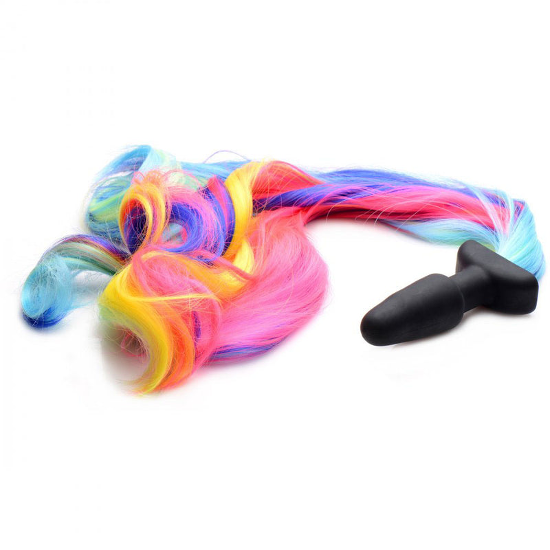 Long pink, blue, yellow and purple tail attached to a black plug with a flared base.