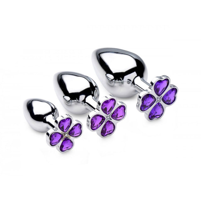 Purple Flower Gem Metal Anal Training Set with three polished plugs and four-petal violet bases.