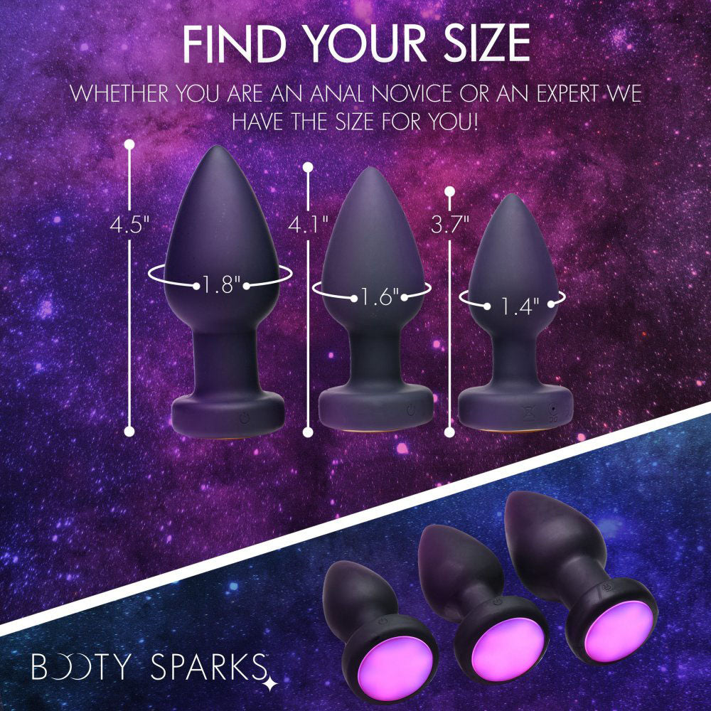 Size comparison chart for the vibrating booty plug showing small medium and large dimensions for optimal internal stretching