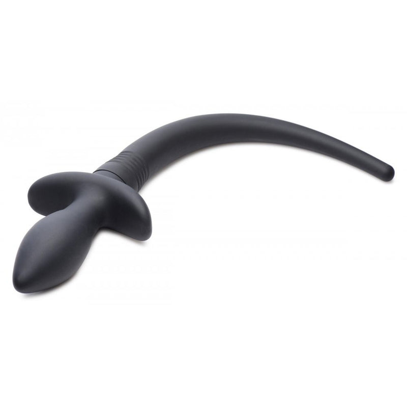 Black tapered plug with a wide base and a long curved black tail on a white background.