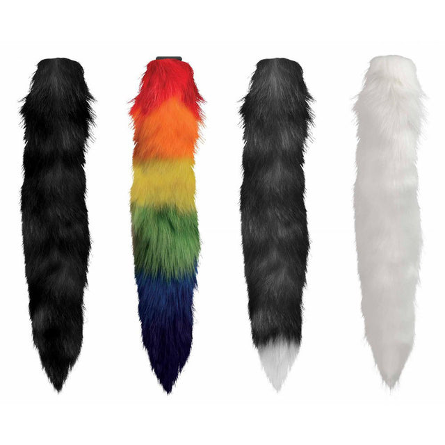 Interchangeable Fox Tail Attachments displayed together in white, black, rainbow, and black-to-white styles.