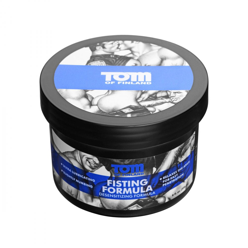 Studio shot of the thick oil-based fisting cream highlighting the active benzocaine formula by Butt Plug Lovers